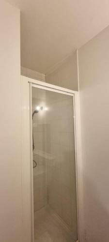 La salle de bains est pourvue d'une douche avec une porte en verre. dans l'établissement Hotel Aboukir, à Paris