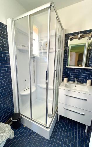une salle de bain avec douche et lavabo dans l'établissement L'appart du Racou, à Argelès-sur-Mer