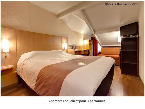 ムイユロン・ル・カティフにあるibis La Roche Sur Yon Vendespaceの大型ベッドとテレビが備わるホテルルームです。