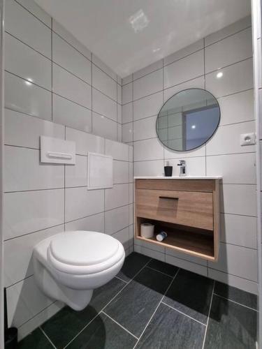 La salle de bains blanche est pourvue de toilettes et d'un miroir. dans l'établissement Le Rio - Studio gare et centre, à Mulhouse