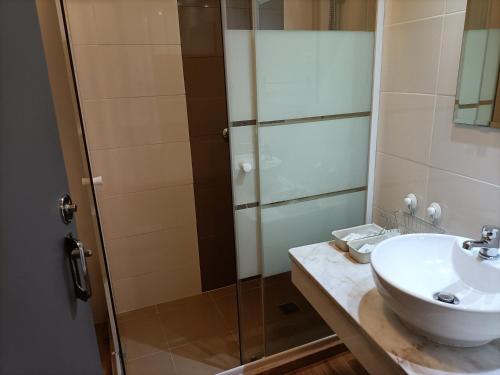 a bathroom with a sink and a shower at Casa dos Pedro´s in Vila Nova