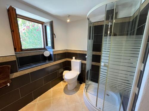 uma casa de banho com um WC e uma cabina de duche em vidro. em Cortijo el Moro em Vélez Blanco