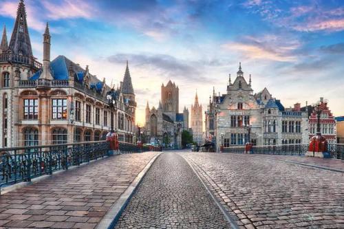een geplaveide straat in een stad met veel gebouwen bij Romantic Unesco Medieval House in the City Center in Gent