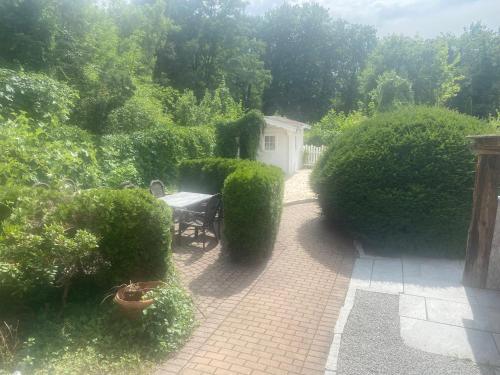 a garden with a bench and some bushes at Spreehotel Spremberg in Spremberg