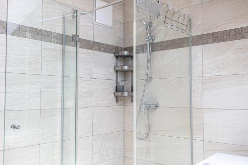 uma casa de banho com um chuveiro e uma porta de vidro em Charming 2BR and 1LR Apt Modern Design Donaustadt em Viena