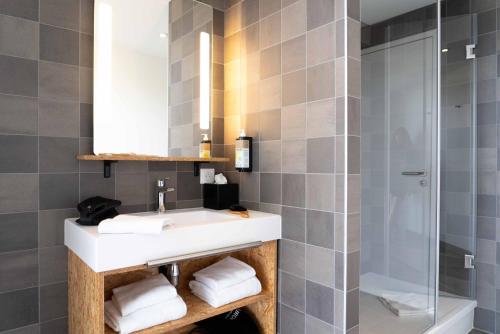 La salle de bains est pourvue d'un lavabo et d'une douche. dans l'établissement greet Hotel Rennes Pace, à Pacé