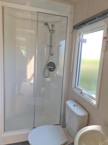 a bathroom with a shower and a toilet and a window at Caravan on Fantastic site in Dunbar