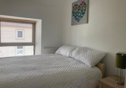 a bedroom with a white bed and a window at Kilaturley house apartment in Swinford