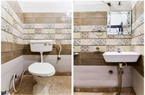 two pictures of a bathroom with a toilet and a sink at OYO White Rock Hotel in Alwar
