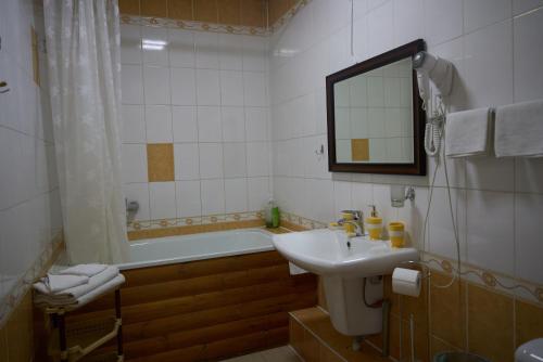 a bathroom with a sink and a bath tub at Argo Guest House in Karakol