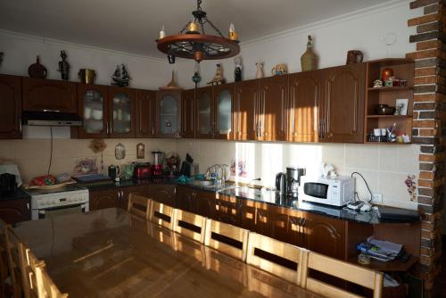 a kitchen with wooden cabinets and a microwave on a counter at Argo Guest House in Karakol