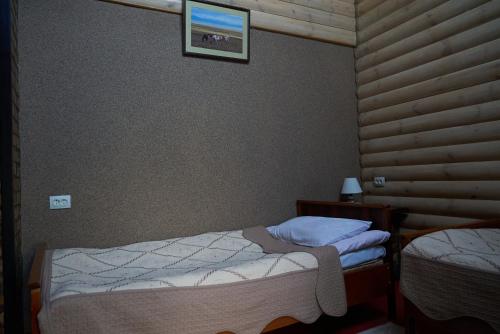 a bedroom with two beds and a picture on the wall at Argo Guest House in Karakol