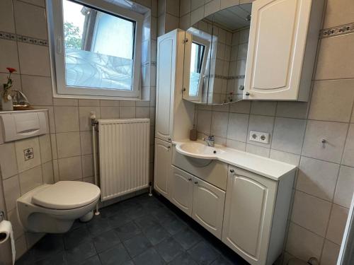a small bathroom with a toilet and a sink at Ferienwohnung Lüttje Glück in Böxlund