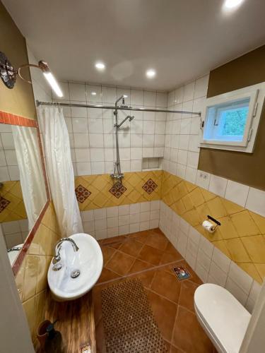 a bathroom with a sink and a shower at Hlinená izba na Hájiku in Banská Štiavnica
