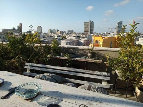 una mesa de picnic con vistas a la ciudad en Studio avec roof top, vue d'exception, 5mn mer., en Tel Aviv