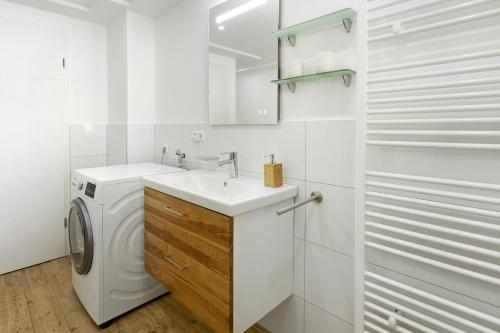 a white bathroom with a washing machine and a sink at am Hochrhein Desko in Gailingen
