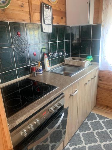 una cocina con fregadero y estufa horno superior en Domki u Uli, en Jarosławiec