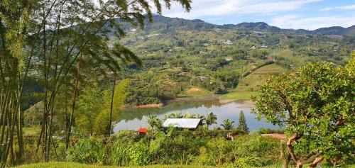 a lake in the middle of a valley with mountains at Finca Buena Vista in Guatapé