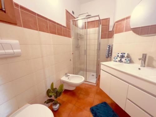 La salle de bains est pourvue de toilettes, d'un lavabo et d'une douche. dans l'établissement Lovely studio in Porto Antigo 2, à Santa Maria