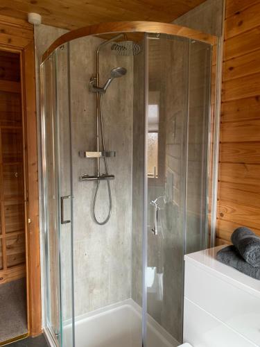 y baño con ducha y puerta de cristal. en Immaculate 3-Bed Lodge in Hawick, en Hawick