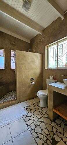 een badkamer met een douche, een toilet en een wastafel bij Old Vic Travellers Inn Nelspruit in Nelspruit