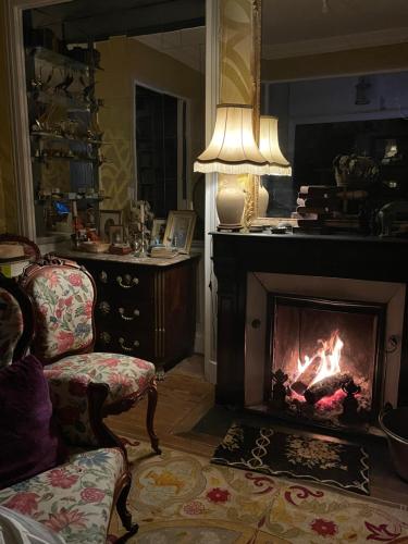 a living room with a fireplace and a chair at La Bonne Maison 3 - Maison d'hôtes in Troyes