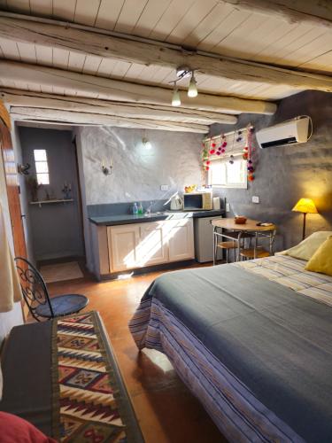 1 Schlafzimmer mit einem großen Bett und einer Küche in der Unterkunft Finca Tuluz in Huacalera