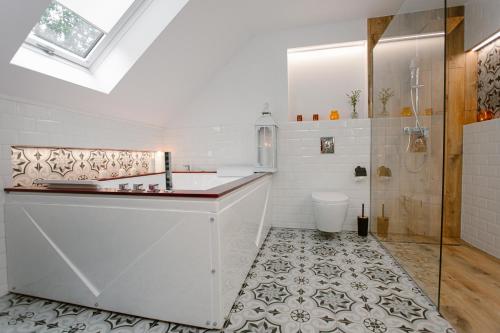 W łazience znajduje się prysznic, umywalka i toaleta. w obiekcie Dom w Starym Parku w mieście Biskupice
