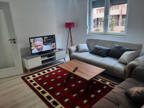 un soggiorno con divano e TV di Apartment Dastidi a Kosovo Polje