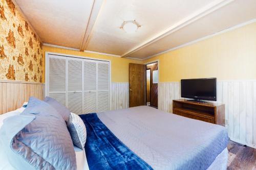 a bedroom with a bed and a flat screen tv at The Coffee Grounds in Johnson Landing
