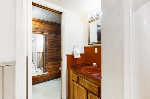 uma casa de banho com um lavatório e um espelho em The Coffee Grounds em Johnson Landing