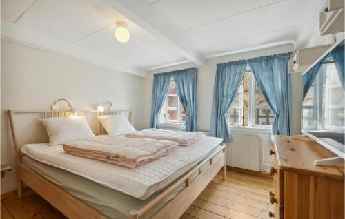 1 dormitorio con 1 cama grande y cortinas azules en Pet Friendly Home In Rudkbing With Kitchen, en Rudkøbing