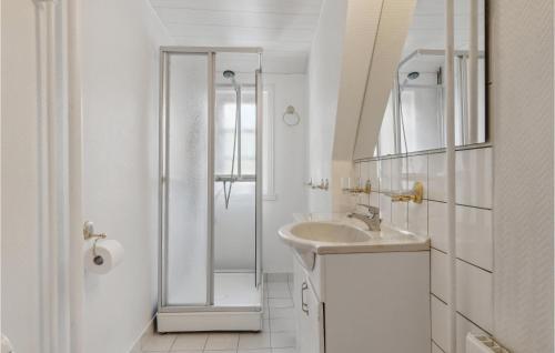y baño blanco con lavabo y ducha. en Pet Friendly Home In Rudkbing With Kitchen, en Rudkøbing