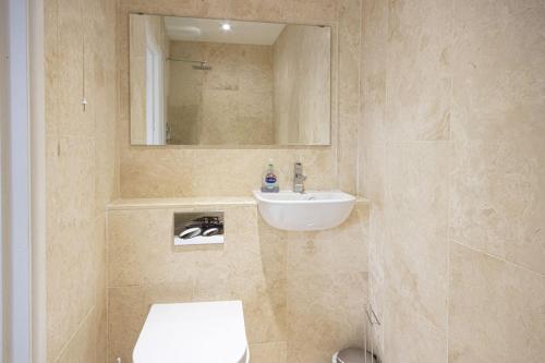 a bathroom with a sink and a toilet and a mirror at Spring Lake 41, Lapwing Lake Lodge - P in South Cerney