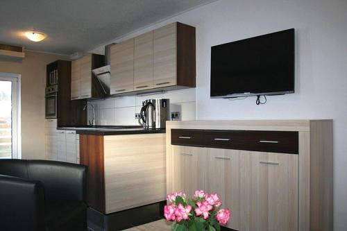 eine Küche mit einem TV und einem Tisch mit Blumen in der Unterkunft Ferienwohnung Sassnitz in Sassnitz