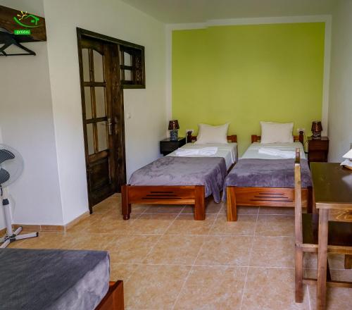 two beds in a room with green walls at Pousada Green Place in Ribeira Grande