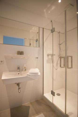 a bathroom with a glass shower and a sink at Landgut Rastede Hostemost in Rastede