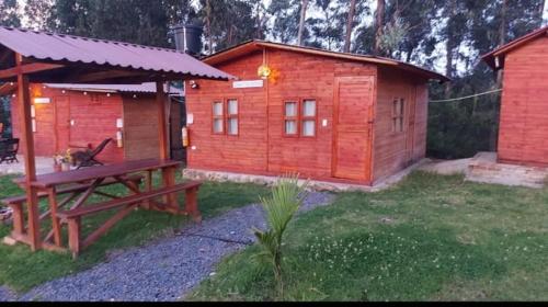 a wooden cabin with a picnic table in front of it at Mundo Nuevo Cabañas in Ráquira