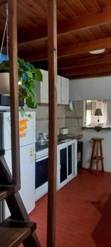 a kitchen with a white refrigerator and a stove at Perla Gris Chascomus Departamento a 3 cuadras de la laguna y 4 del centro in Chascomús