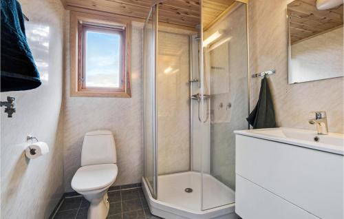 ein Bad mit einer Dusche, einem WC und einem Waschbecken in der Unterkunft Stunning Home In Valevg With Kitchen in Valevåg