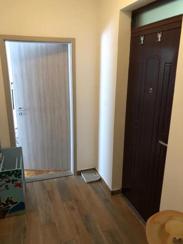 an empty room with a door and a wooden floor at Studio apartman in Knin