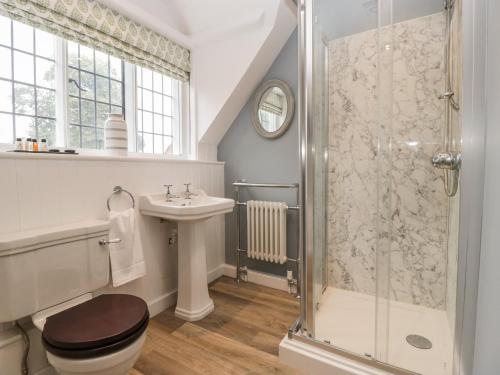 a bathroom with a shower and a toilet and a sink at Byways in Malvern Link