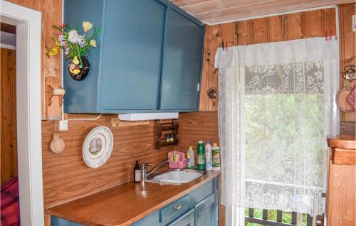 eine Küche mit blauen Schränken, einem Waschbecken und einem Fenster in der Unterkunft Nice Home In Sande I Vestfold With House A Panoramic View in Svelvik