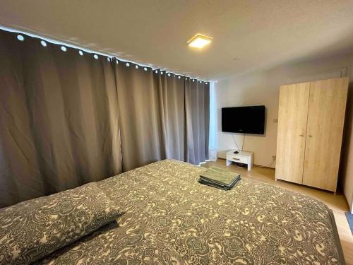 um quarto com uma cama grande e uma televisão em 2 Zimmer Appartement Private Küche und Bad em Mönchengladbach