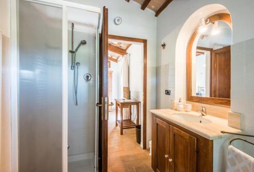 a bathroom with a shower and a sink at Glicine Apartment Podere Giardino in Montalcino