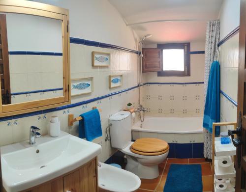 a bathroom with a toilet and a sink and a tub at Masía de San Juan, casa rural renovada en Castillo con piscina y Aire Acondicionado in Segorbe