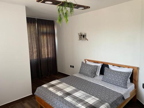 1 dormitorio con 1 cama con almohadas grises y blancas en Вила Дружинци 