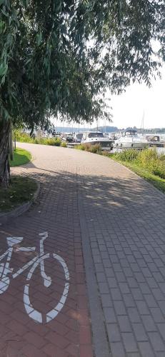 a bike sign on a brick walkway in a park at Przystań in Ostróda