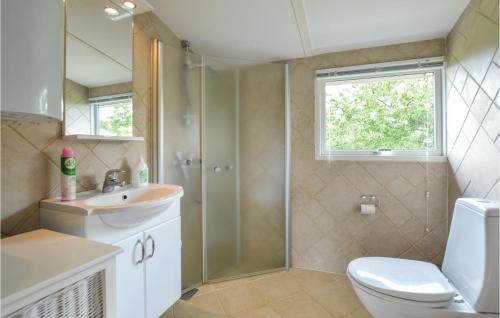 y baño con ducha, aseo y lavamanos. en Cozy Home In Frevejle With House Sea View, en Asnæs