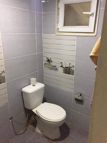 a bathroom with a white toilet and a window at Mera Hostel in P'arts'khanaqanevi